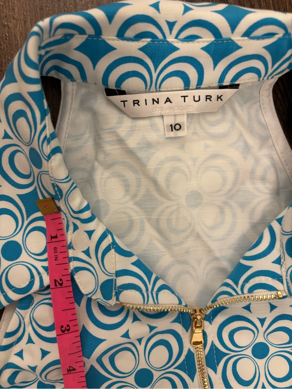 Trina Turk Teal and White Sleeveless Zip Dress with Geometric Print - Picture 2 of 7